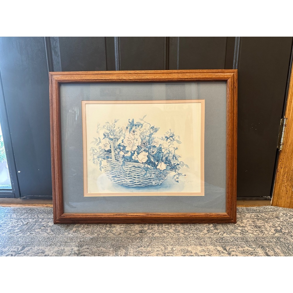 Vintage Floral Watercolor Print Roses Oak Framed Art Signed Jodi Jensen 23x19